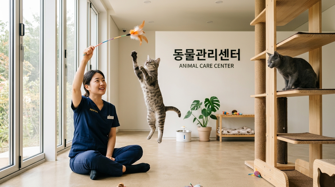 동물관리센터에서 고양이의 일상을 돌보는 모습