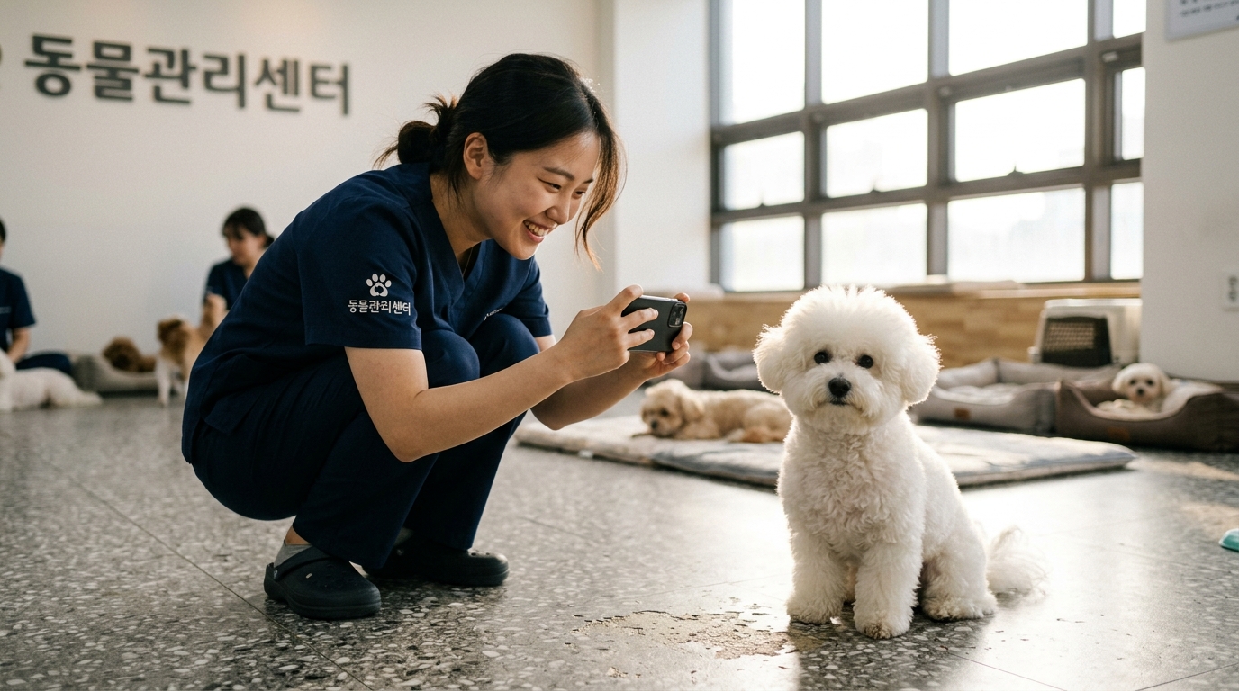 보호 중인 반려동물의 일상을 네이버 카페에 공개하기 위해 촬영하는 모습
